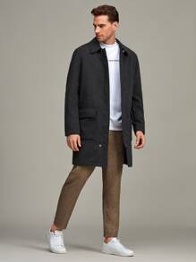 Manfinity Áo choàng Nam Túi Dây kéo Nút phía trước màu trơn Giải trí - Màu xám đen - Xem 3