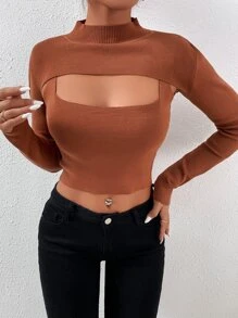 Ribbed Knit Super Crop Jumper With Tank Top - Brown - View 1