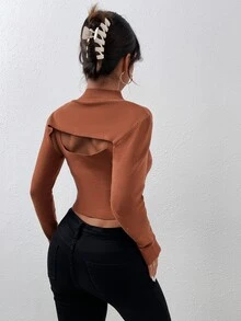 Ribbed Knit Super Crop Jumper With Tank Top - Brown - View 2