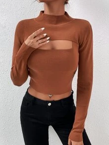 Ribbed Knit Super Crop Jumper With Tank Top - Brown - View 3