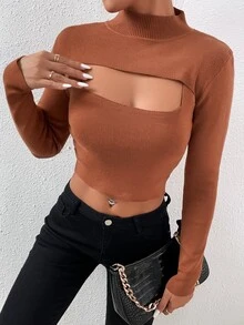 Ribbed Knit Super Crop Jumper With Tank Top - Brown - View 5