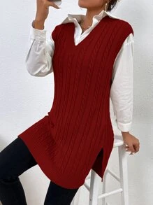 SHEIN Essnce Áo dệt kim nữ Chia màu trơn Giải trí - Màu Đỏ Sâu - Xem 1