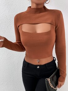 Ribbed Knit Super Crop Jumper With Tank Top - Brown - View 6