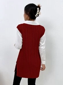 SHEIN Essnce Áo dệt kim nữ Chia màu trơn Giải trí - Màu Đỏ Sâu - Xem 2