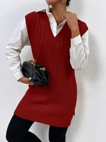 SHEIN Essnce Áo dệt kim nữ Chia màu trơn Giải trí - Màu Đỏ Sâu - Xem 3