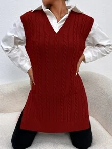 SHEIN Essnce Áo dệt kim nữ Chia màu trơn Giải trí - Màu Đỏ Sâu - Xem 4