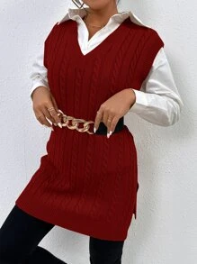 SHEIN Essnce Áo dệt kim nữ Chia màu trơn Giải trí - Màu Đỏ Sâu - Xem 5