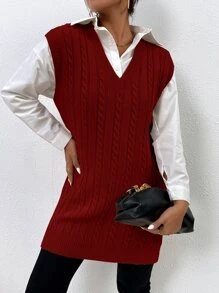 SHEIN Essnce Áo dệt kim nữ Chia màu trơn Giải trí - Màu Đỏ Sâu - Xem 6