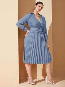 大碼1入組交叉領燈籠袖百褶下擺繫腰帶連衣裙 - 霧霾藍 - 查看 5