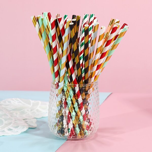 

25pcs Striped Print Disposable Straw, Multicolor