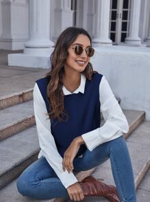 SHEIN Essnce Solid Sweater Vest Without Blouse - Blue - View 3