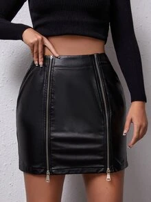Falda PU con doble cremallera - Negro - Ver 4