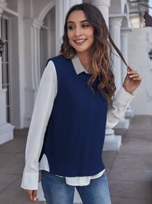 SHEIN Essnce Solid Sweater Vest Without Blouse - Blue - View 4