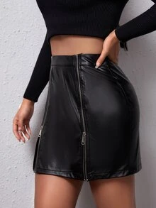 Falda PU con doble cremallera - Negro - Ver 5