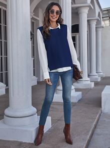 SHEIN Essnce Solid Sweater Vest Without Blouse - Blue - View 5
