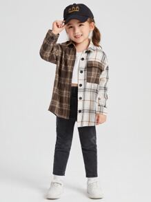 SHEIN Cô Gái Trẻ Hai âm Kẻ sọc Túi có nắp Thả vai Áo sơ mi - Nhiều màu - Xem 5