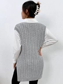 SHEIN Essnce Cable Knit Split Hem Sweater Vest - Light Grey - View 2