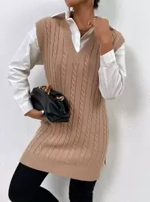 SHEIN Essnce Chaleco de punto tejido de cable bajo con abertura - Caqui - Ver 1