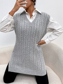 SHEIN Essnce Cable Knit Split Hem Sweater Vest - Light Grey - View 3