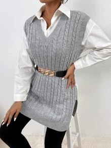 SHEIN Essnce Cable Knit Split Hem Sweater Vest - Light Grey - View 4