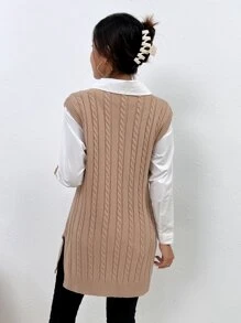 SHEIN Essnce Chaleco de punto tejido de cable bajo con abertura - Caqui - Ver 2