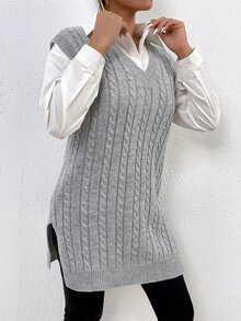 SHEIN Essnce Cable Knit Split Hem Sweater Vest - Light Grey - View 5