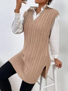 SHEIN Essnce Chaleco de punto tejido de cable bajo con abertura - Caqui - Ver 3