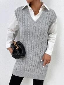 SHEIN Essnce Cable Knit Split Hem Sweater Vest - Light Grey - View 6