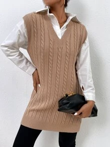 SHEIN Essnce Chaleco de punto tejido de cable bajo con abertura - Caqui - Ver 5