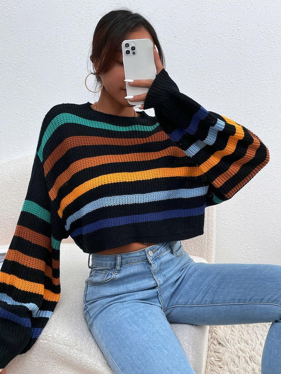 SHEIN Unity Stripe Pattern Lantern Sleeve Sweater - Multicolor - View 1