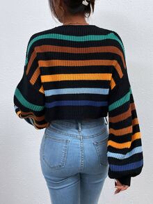 SHEIN Unity Stripe Pattern Lantern Sleeve Sweater - Multicolor - View 2