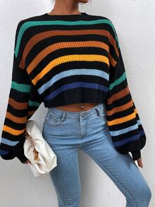 SHEIN Unity Stripe Pattern Lantern Sleeve Sweater - Multicolor - View 3