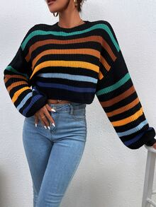 SHEIN Unity Stripe Pattern Lantern Sleeve Sweater - Multicolor - View 4