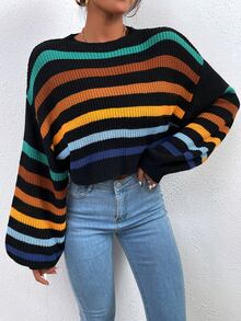 SHEIN Unity Stripe Pattern Lantern Sleeve Sweater - Multicolor - View 5