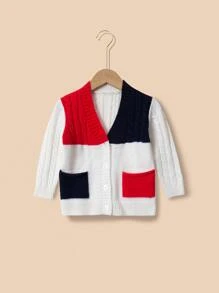 Niñitas Cárdigan de color combinado tejido de cable con doble bolsillo - Multicolor - Ver 1