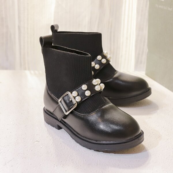 

Girls Buckle & Faux Pearl Decor Sock Boots, Black