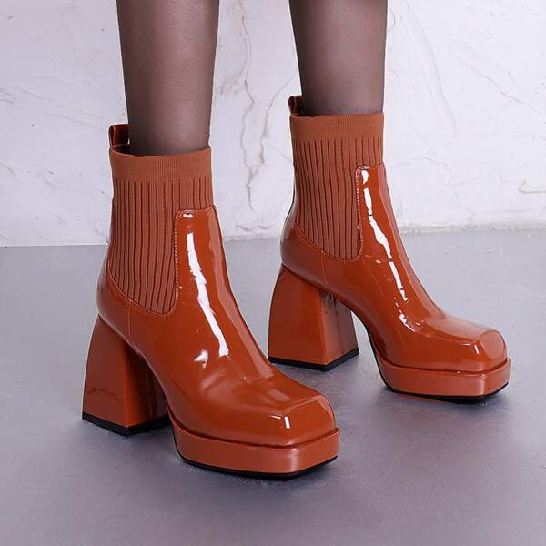 

Panel Design Chunky Heeled Sock Boots, Rust brown