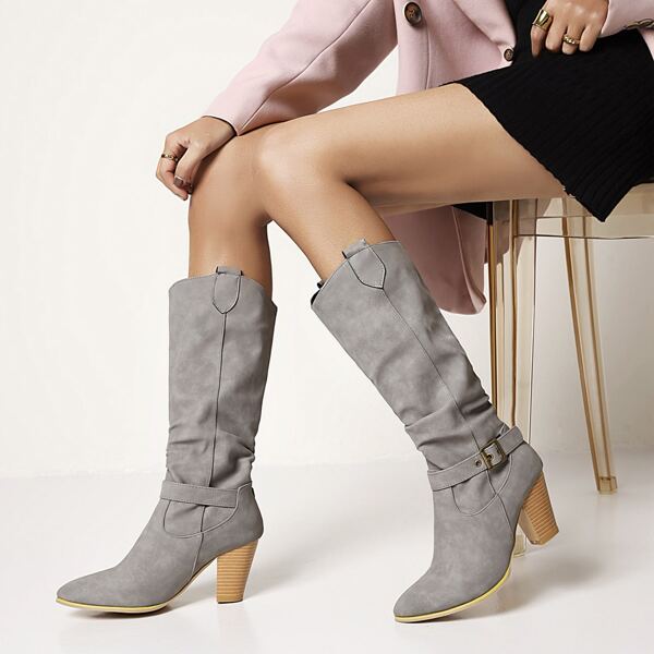 

Buckle Decor Chunky Heeled Boots, Grey