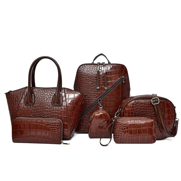 

6pcs Crocodile Embossed Top Handle Bag Set, Brown