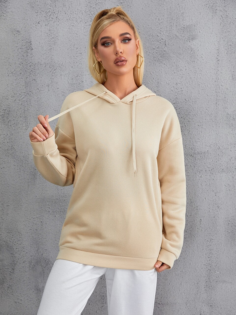 Solid Drop Shoulder Drawstring Hoodie