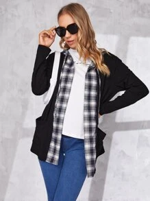 SHEIN Maternity Tartan Double Pocket Drawstring Hooded Coat - Black - View 1