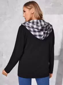 SHEIN Maternity Tartan Double Pocket Drawstring Hooded Coat - Black - View 2