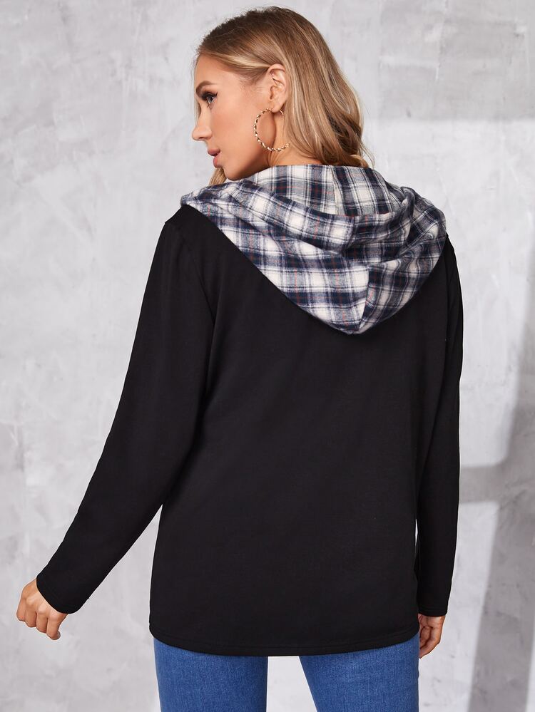 SHEIN Maternity Tartan Double Pocket Drawstring Hooded Coat - Black - View 2