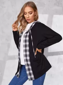 SHEIN Maternity Tartan Double Pocket Drawstring Hooded Coat - Black - View 3