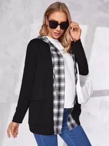 SHEIN Maternity Tartan Double Pocket Drawstring Hooded Coat - Black - View 4