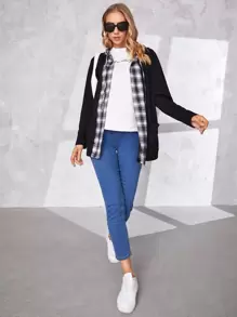 SHEIN Maternity Tartan Double Pocket Drawstring Hooded Coat - Black - View 5