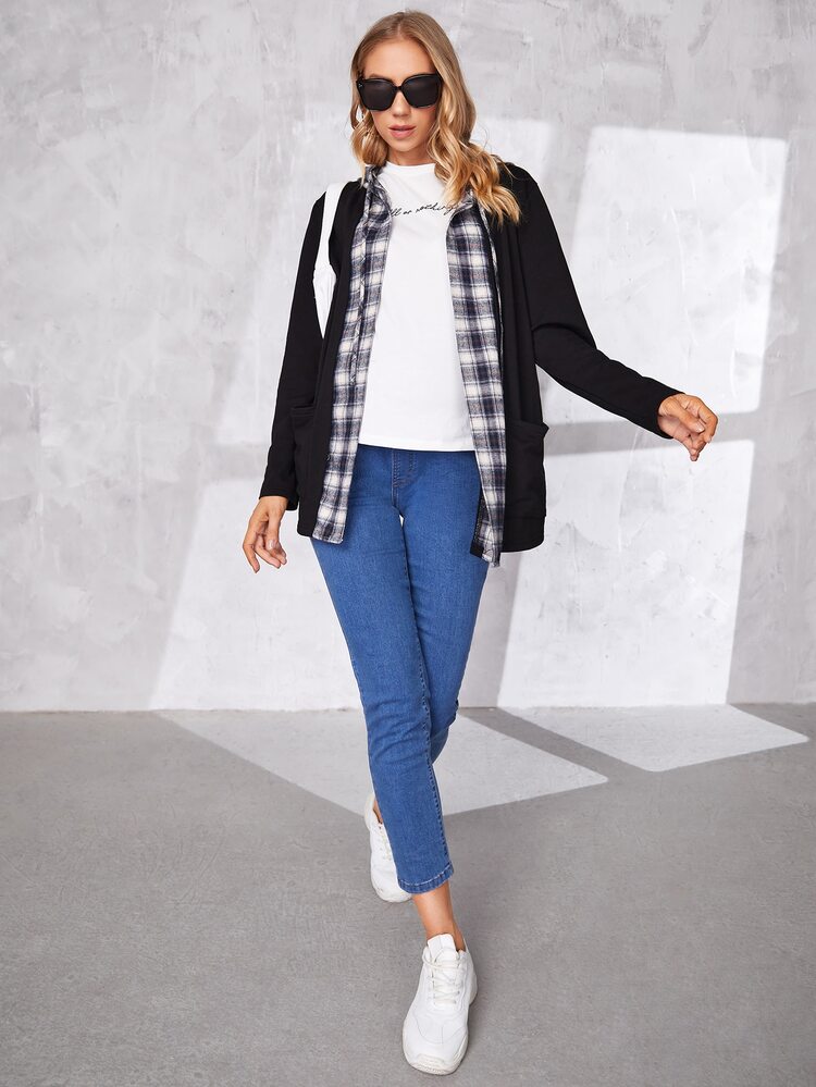 SHEIN Maternity Tartan Double Pocket Drawstring Hooded Coat - Black - View 5