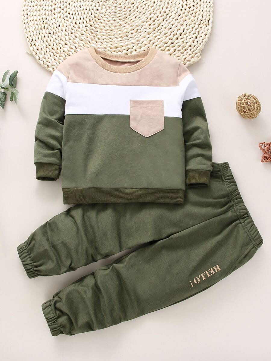 SHEIN Toddler Boys Colour Block Sweatshirt & Joggers - Army Green - View 1