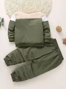 SHEIN Toddler Boys Colour Block Sweatshirt & Joggers - Army Green - View 2