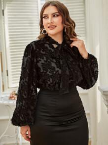 Modelyn Plus Lantern Sleeve Tie Neck Fuzzy Blouse - Black - View 6